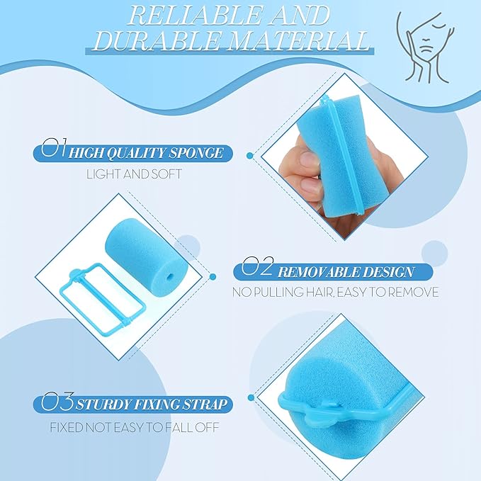 Geyoga 18 Pieces Sponge Hair Rollers Large Soft Foam Hair Styling Curlers Large Size Hairdressing Curlers for Women(Blue,1.4 x 2.6 Inches)