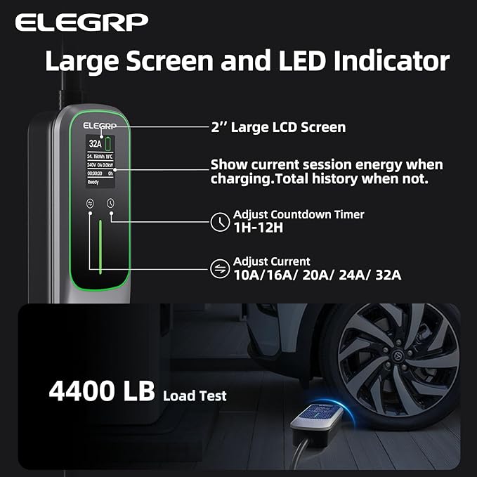 ELEGRP Level 2 EV Charger for Home, 32 Amp, ETL Certified, PBE & LCD Technology, 25ft J1772 Cable with NEMA 14-50 Plug, Plug and Play, 240V for BEVs/PHEVs