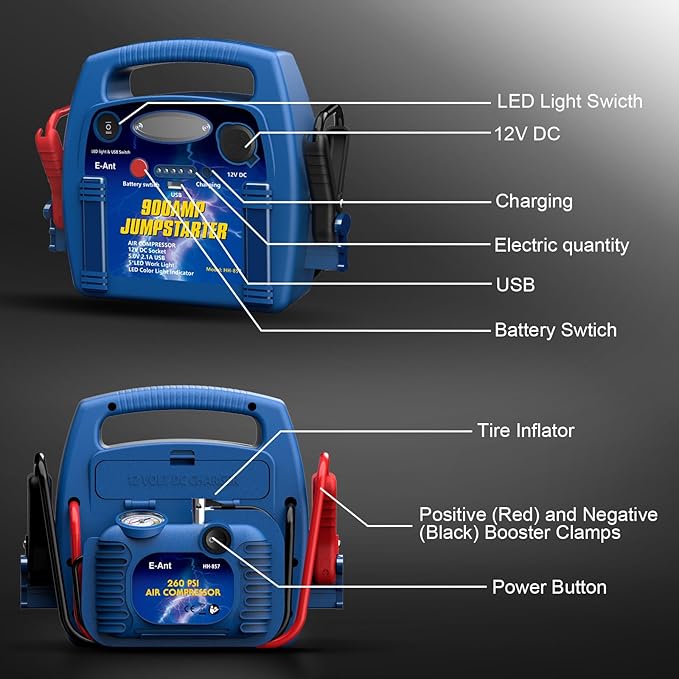 Jump Starter with Air Compressor,1000A Car Battery Jumper Starter 260 PSI Tire Inflator,6 in 1 Auto Lead-Acid Battery Booster Jump Starter for Up to 10.0L Gas or 8.0L Diesel with LED Light