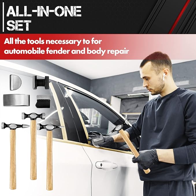 C&T Auto Body Repair Tool Kit,7 Piece,Car Body Repair Tool Kit, Carbon Steel Dolly and Hammer Dent Body Fender Tool Set