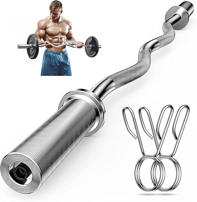 Olympic EZ Curl Barbell Bar, 47” Strength Training EZ Bar for Weight Lifting,Hip Thrusts,Biceps, triceps, Back/Leg Muscle Exercise,Chrome Curling Bar for 2 Inch Weight Plates,with 2 Spring Collars(500LBS)