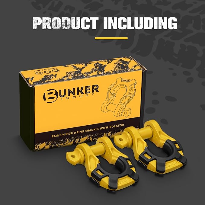 BUNKER INDUST 3/4" D Ring Shackle with 7/8" Pin,Yellow Tow Shackles with Isolator for Use with Tow Strap, Winch, 2 Pack Off-Road Recovery Shackle for Jeep Truck ATV UTV, 42,000lbs Break Strength