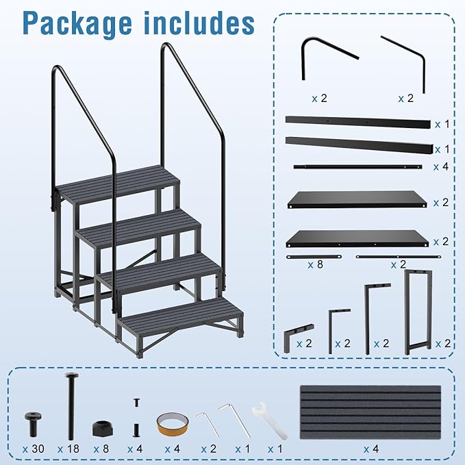 RV Steps with Handrail, 4 Steps RV Stair, Mobile Home Stairs for Camper, Trailer, hot tub, Steps with Non-Slip mat, 660lbs Capacity