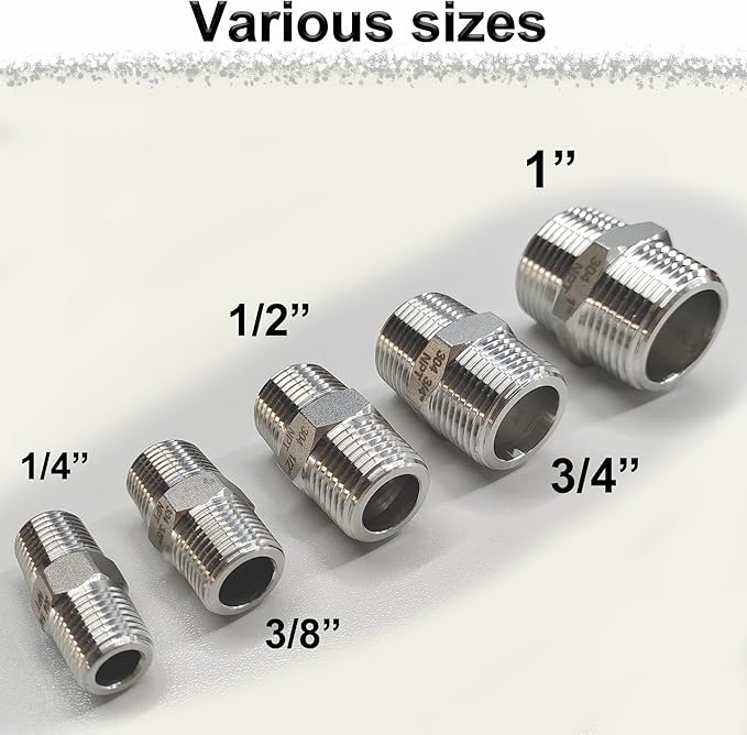 1/4" NPT Male Hex Nipple Pipe Fittings, 304 Stainless Steel 1/4 inch Threaded Pipe Adapter Fittings Equal Nipples Connectors, 4pcs Male Straight Connector Pipe Fitting