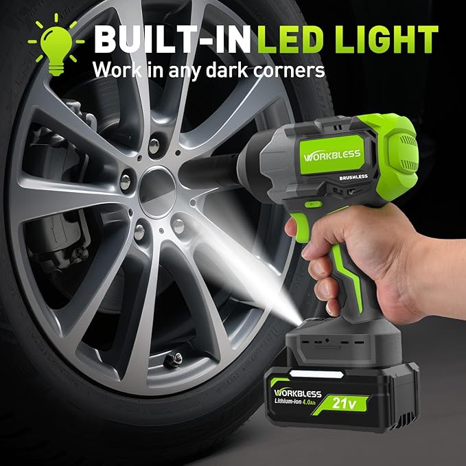 Cordless Impact Wrench 1/2 Inch: Brushless 1/2 Impact Gun Kit - Max 1200N.m (885ft-Lbs) High Torque Impact Driver for Car Tire, Mower, 20V 4Ah Battery, 3-Speed, 4 Socket, LED Light