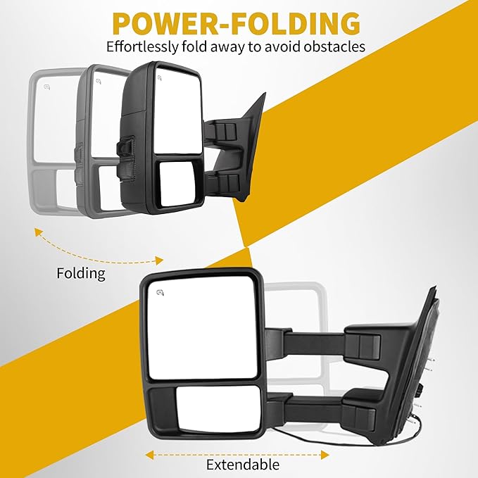 DWVO Extendable Towing Mirrors for Ford F250 F350 F450 F550 Super Duty 1999-2007 & Excursion 2001-2005 - Power Heated with Smoke Signal Lights, Dual Arm Telescoping Design