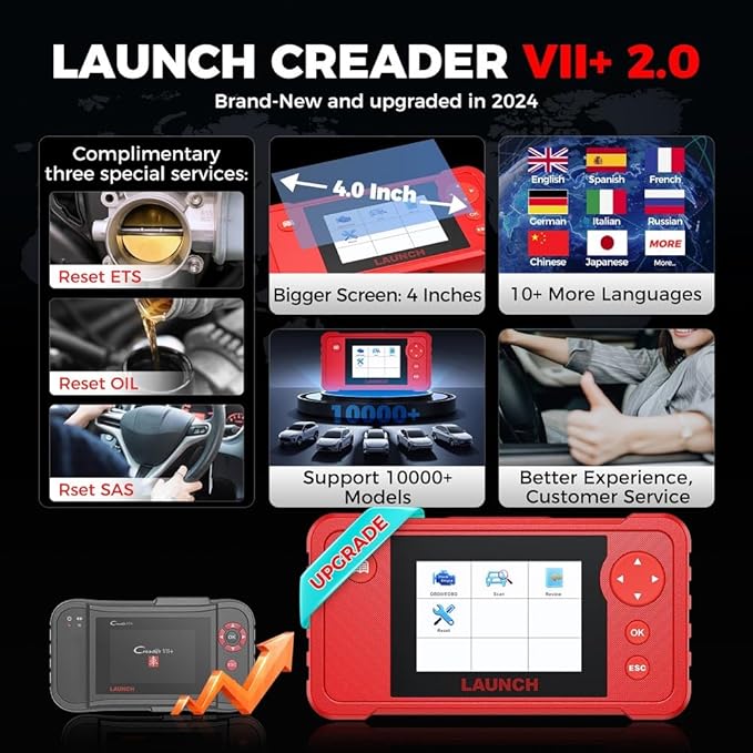 LAUNCH Creader VII+ V2.0 OBD2 Scanner, 2025 New Engine/Transmission/ABS/SRS Diagnostic Scan Tool With Oil Reset/Throttle Adaption/SAS Relearn, Check Engine Code Reader, Full OBD2, Lifetime Free Update