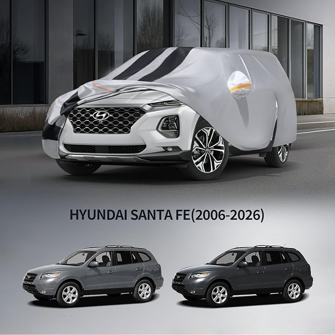 10 Layers Car Cover Custom Fit for Hyundai Santa Fe 2006-2026 100% Waterproof All Weather Automobiles, Gift with Towel, Heavy Duty Car Covers for Rain Sun UV Protection with Door Zipper.