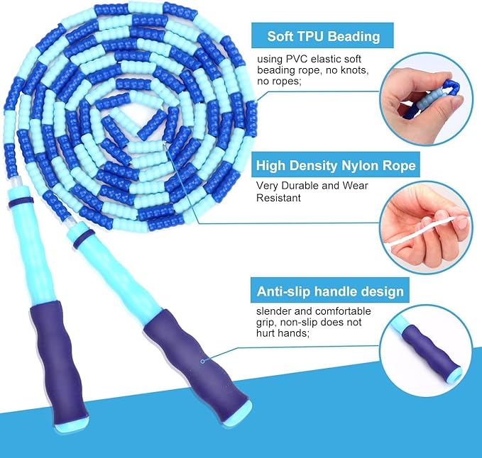 GRAWUN Jump Rope For Kids, Soft Beaded Jump Rope, Adjustable Length Tangle-Free Segmented Soft Beaded Skipping Rope,for Women, Men and Kids Keeping Fit, Workout and Weight Loss