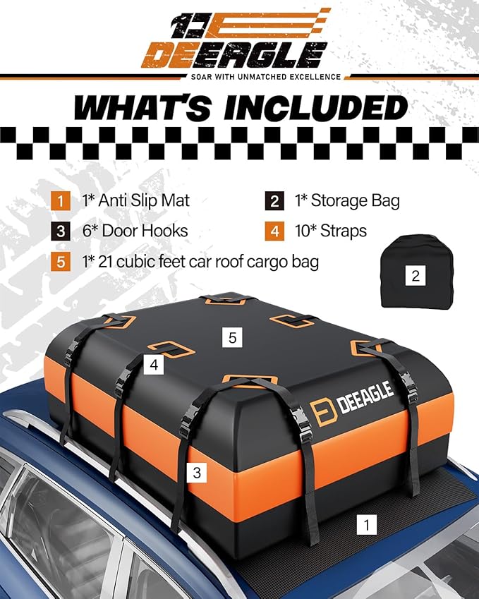 DEEAGLE Rooftop Cargo Carrier 21 Cubic Feet – Car Roof Cargo Bag for Vehicles Without Roof Rack – Waterproof Soft Car Top Carrier with Non-Slip Mat, 4 Door Hooks & 10 Reinforced Straps