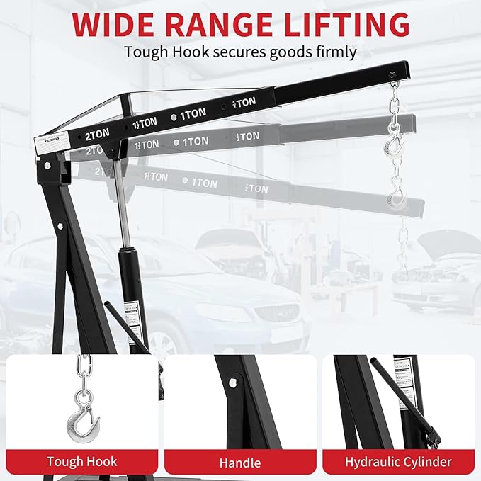 2-Ton Folding Engine Hoist Cherry Picker 4400 Lb Capacity Hydraulic Shop Crane with Telescoping Boom 6 Caster Wheels for Automotive Repair Garage Use Includes Hitch and Storage Stand Black