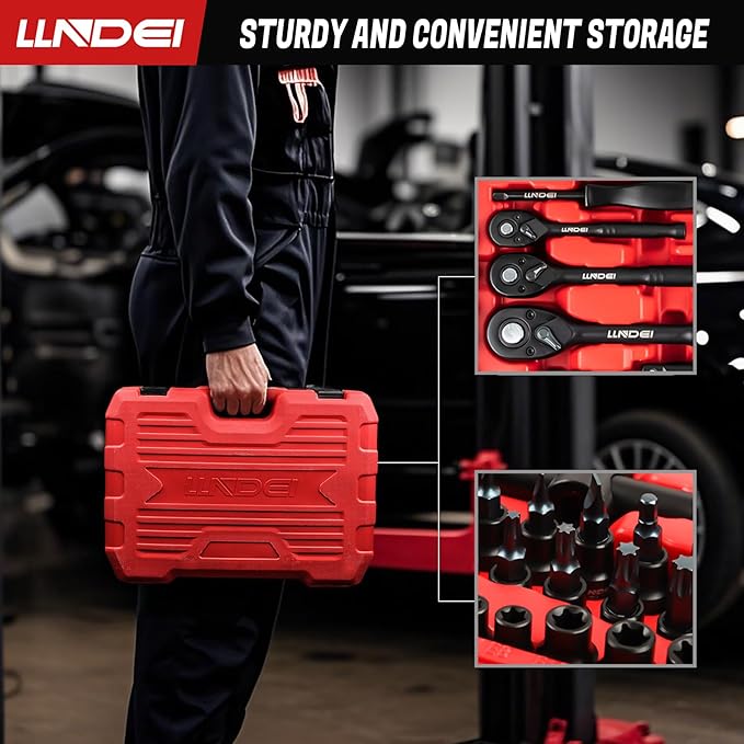 LLNDEI 160-Piece Mechanics Tool Set, Metric Socket Set 1/2 1/4 3/8 inch Drive Professional Tool Kit, CR-V Deep & Shallow Kit with Quick Release Ratchet