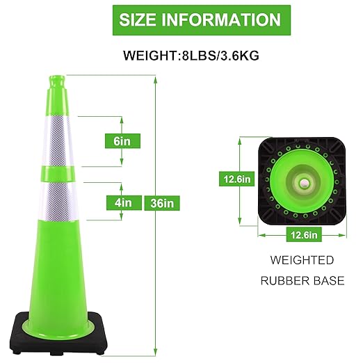 OrangeStar 36" Large Traffic Cones 4-Pack, Green Safety Cones with 2 Reflective Collars, Weighted Base for Highway, Roadwork, Construction, Warehouse Safety, Parking Lots, Indoor & Outdoor Use