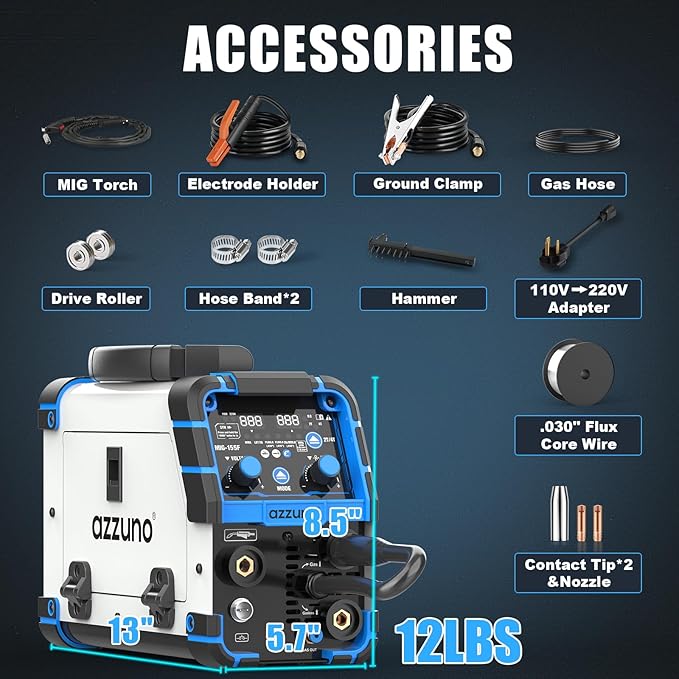 AZZUNO Aluminum MIG Welder 155Amp, Dual Vlotage 110V/220V 5-in-1 Welder Machine Gasless MIG/Gas MAG/Aluminum MIG/Stick/Lift TIG Welding, Multiprocess Welding Machine