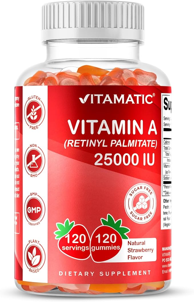 Vitamatic Sugar Free Vitamin A 25000 IU Gummies (Retinyl Palmitate) - Natural Strawberry Flavor - 120 Pectin Based Gummies (2 Bottles)