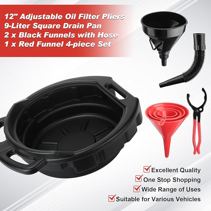8 Pcs Automotive Oil Funnel Set Include 4 Wide Mouth Flexible Funnel with Handle 2 Plastic Large Funnels Adjustable Oil Filter Wrenches Drain Pan for Cars and Motorcycles