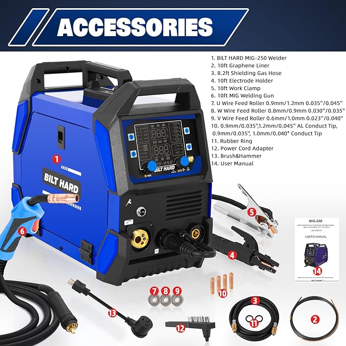 BILT HARD Aluminum 250A MIG Welder, Gas MIG/Flux Core MIG/Lift TIG/Stick/Spot Welding/Spool Gun Compatible 6-in-1 Welding Machine, 110V/220V Multi-Process Welder w/LED Display, IGBT Inverter