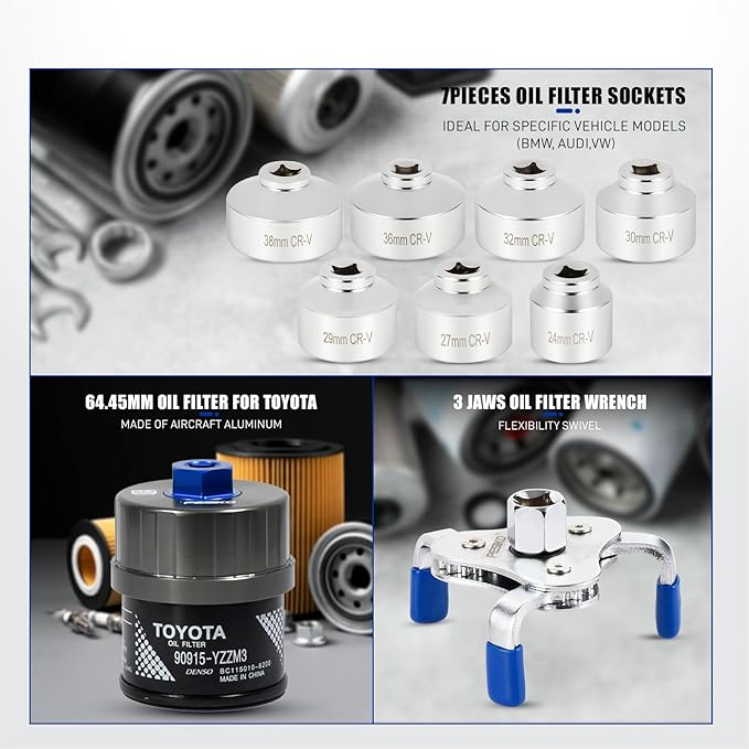 14 Piece Oil Filter Wrench Set, 7pcs Oil Fliter Socket and 64mm Wrench, 4pcs Stainless Steel Swivel Wrenches, 12" Oil Filter Pliers, Universal 3-Jaw Removal Tool, Organized in Storage Case