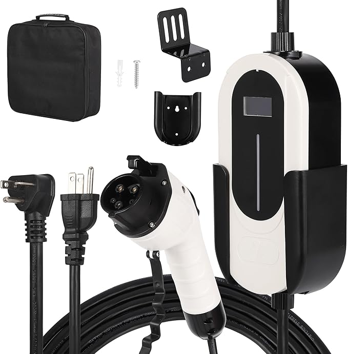 Level 1&2 EV Charger, 16A 110-240V Dual Voltage, NEMA 6-20 & 5-15 Plug, 25 ft Cable, Adjustable Current/Delay Timer, SAE J1772 Listed Portable Electric Car Charger for Indoor/Outdoor Use
