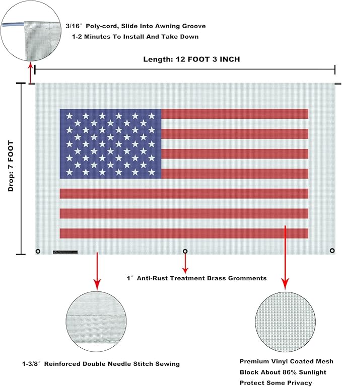 Tentproinc RV Awning Sun Shade Screen 7' X 12' 3'' (American Flag) Gray Mesh Sunshade Camper Trailer Awning Shade Screen UV Blocker Completed Kits
