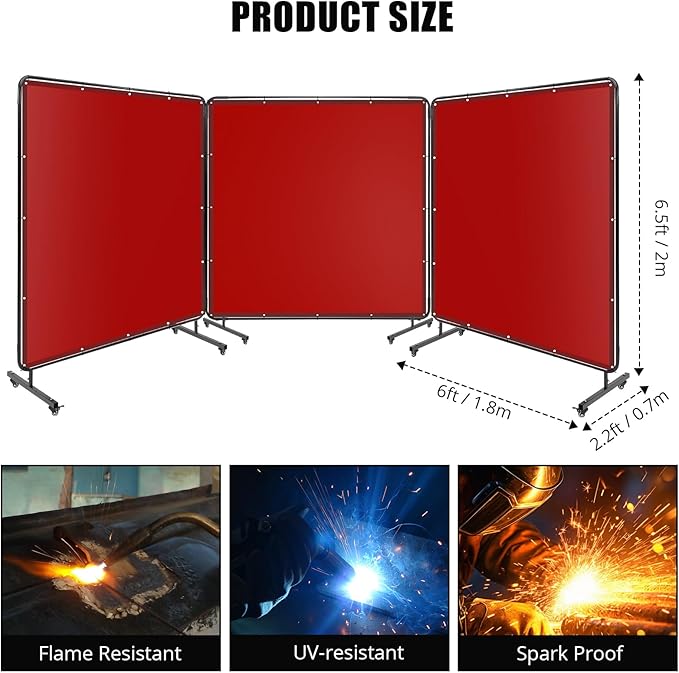 3 Panel 6x6 FT Vinyl Welding Screen with Frame, Flame-Resistant PVC Welding Curtain with Lockable Swivel Wheels, Transparent Welding Screen Panel for Welding Safety, Red