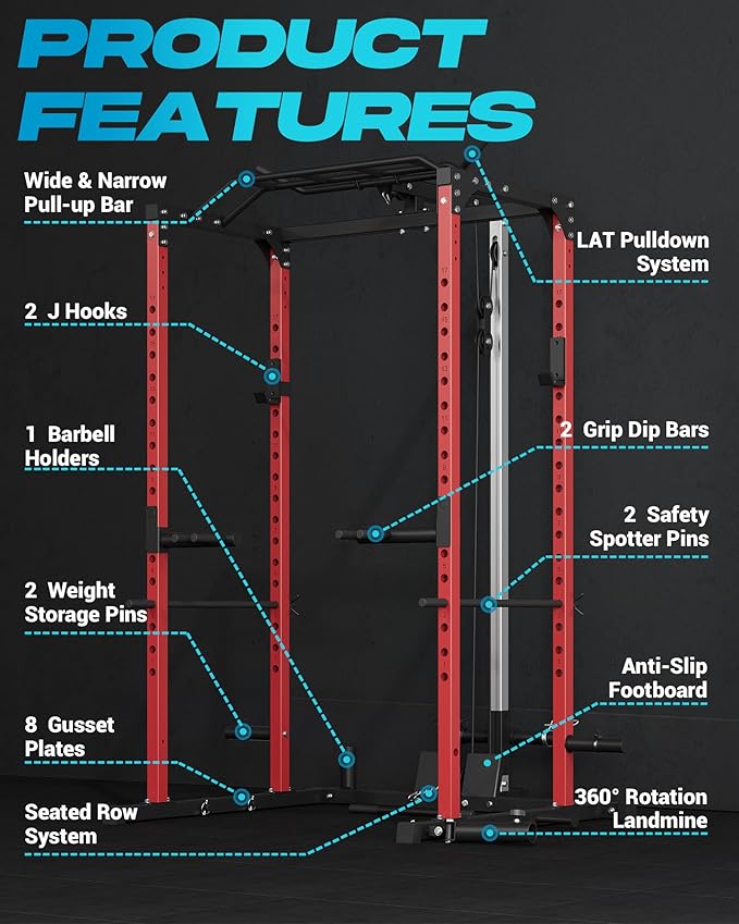 PeakPursuit Power Cage Squat Rack with LAT Pulldown & Low Row, 1200LBS Home Gym Power Rack with J-Hooks, Dip Bars, Pull Up Bar, Landmine, Weight Rack & Cable Pulley System for Strength Training