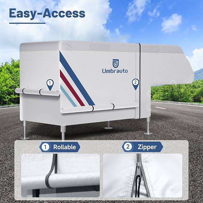 Truck Camper Cover for 6–8FT Slide-in Campers – 300D Oxford Waterproof RV Cover, Silver-Coated, All-Weather Protection with Windproof Straps & Air Vents