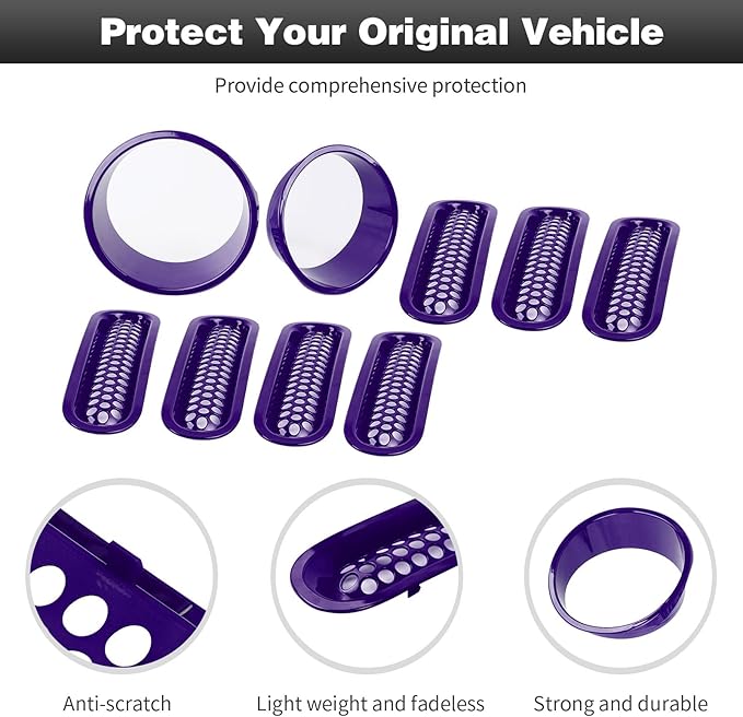 CheroCar for JK Mesh Grille Grill Insert & Headlight Cover Trim Exterior Accessories for Jeep Wrangler JK 2007-2017,Purple…