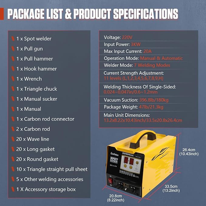 PLAYOCCAR 220V Spot Welder Dent Puller Machine, 3KW 3500A Car Body Stud Dent Repair Kit with 7 Welding Modes, small Joints & 82pcs Accessories