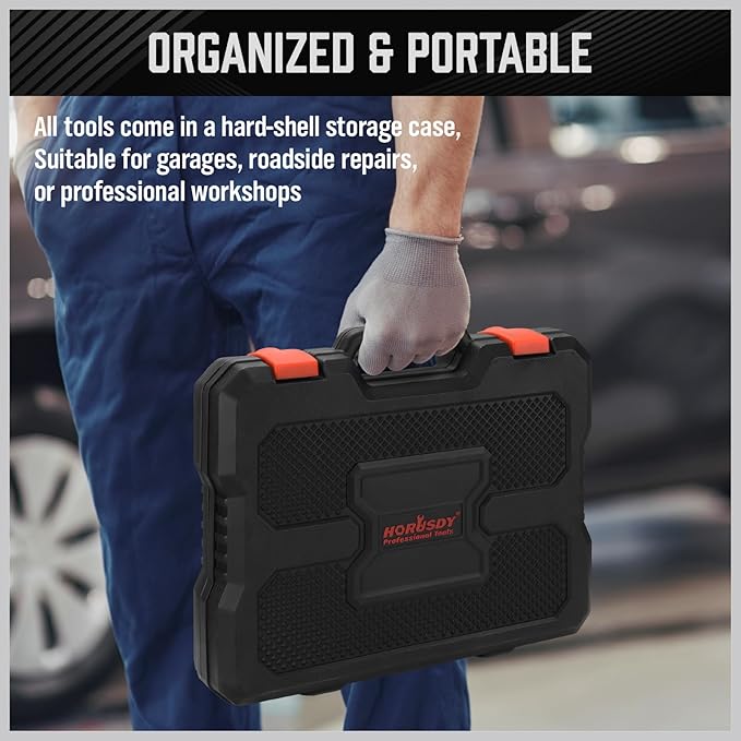 HORUSDY 11-Piece Oil Filter Wrench Set with Storage Case - Swivel Wrenches Fit 2-3/4" to 5-1/4", Adjustable Filter Pliers (9" & 12"), Valve Lapper Set, 3-Jaw Socket, Ratchet Handle for Garage, Repair