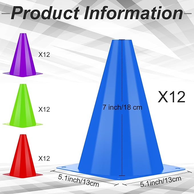 Leelosp 48 Pack 7" or 9" Plastic Traffic Cones Agility Field Marker Soccer/Safety/Sports/Training Cones for Skating Basketball Football Practice Drills Themed Party Decorations