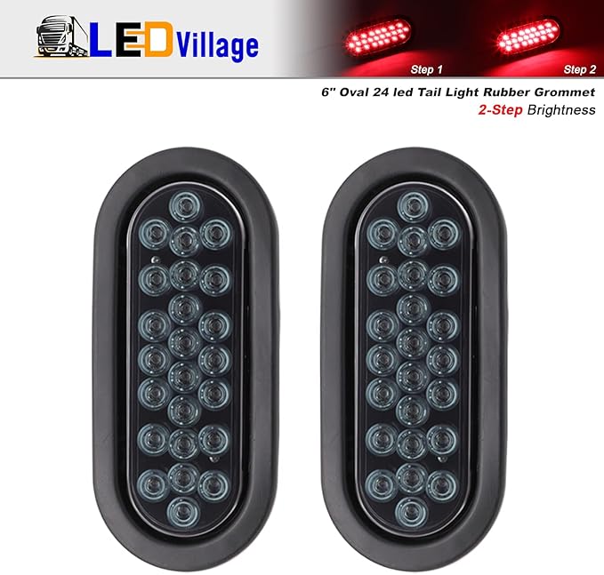 2 Pcs 6 Inch Oval Smoked Lens Red Multi-Function Tail Lights Brake Stop with Rubber & Plug for Truck Trailer Tow Bus 12V DC Shockproof 24LED