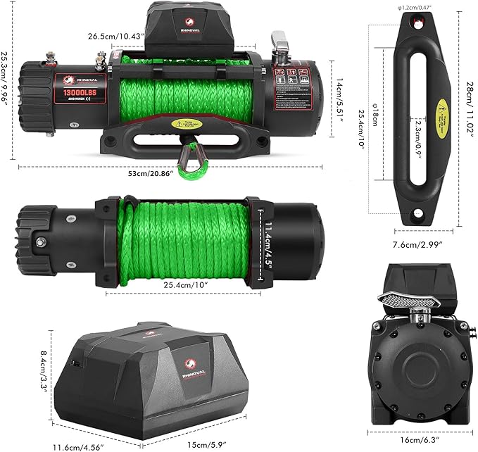 13000lb Electric Winch, Synthetic Rope Green, Battery Disconnect Switch, Low Profile Control Box, 12V, IP67 Waterproof, Wireless Remote, SUV, Truck, Boat Trailer. (RH13000A-G)