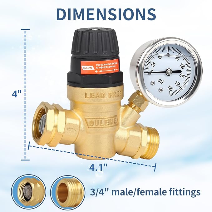 OULEME RV Water Pressure Regulator Valve with Handle Adjustable, Silicone Oil Gauge, Double Filters, Brass Lead-Free and 3/4" Connector for Camper Travel Trailer Water Pressure Control