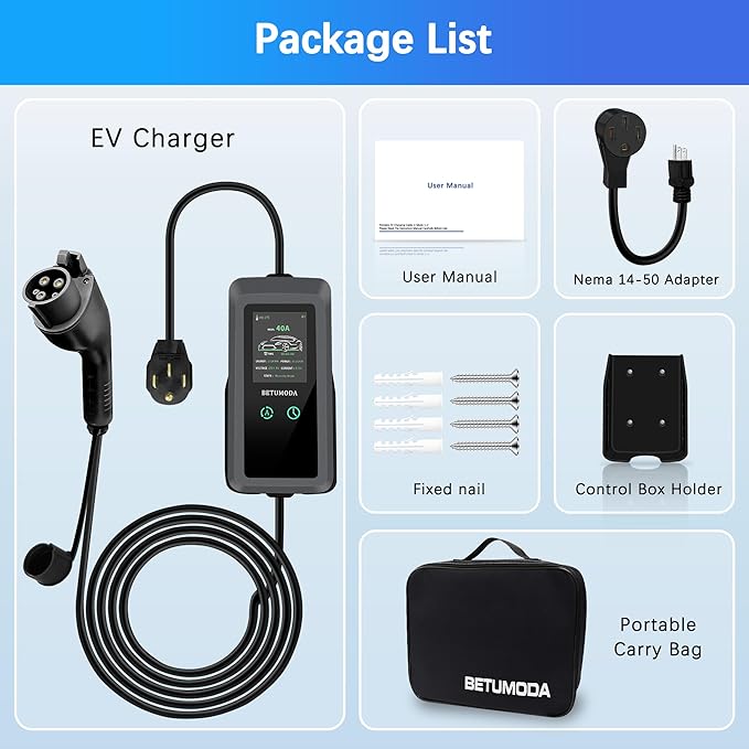 Portable Level 1&2 EV Charger, 40 A, Portable Charger for Home and J1772, 25ft Cable, Charging Stations with LED Display, NEMA14-50 Plugand NEMA 5-15 Adapter, Current Adjustable. (Tesla Need Adapter)