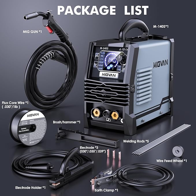 140A Gasless MIG Welder, 110V/220V Dual Votage Welding Machine, Flux Cored MIG/Lift TIG/Stick ARC 3 in 1 MIGVAN Welders Synergic Control with One-Click Wire Feeding, IGBT DC Inverter with LED Display