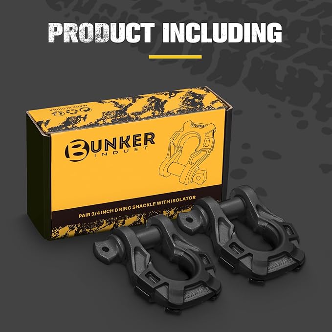 BUNKER INDUST 3/4" D Ring Shackle with 7/8" Pin,Black Tow Shackles with Isolator for Use with Tow Strap, Winch, 2 Pack Off-Road Recovery Shackle for Jeep Truck ATV UTV, 42,000lbs Break Strength