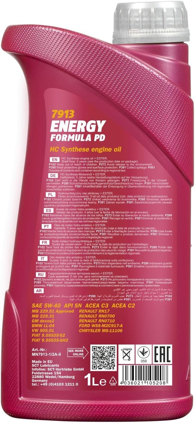 Energy Formula PD 5W-40 Engine Oil, by MANNOL - 7913 Fully Synthetic Motor Oil for Diesel and Gasoline Engines, Car Oil, 1L
