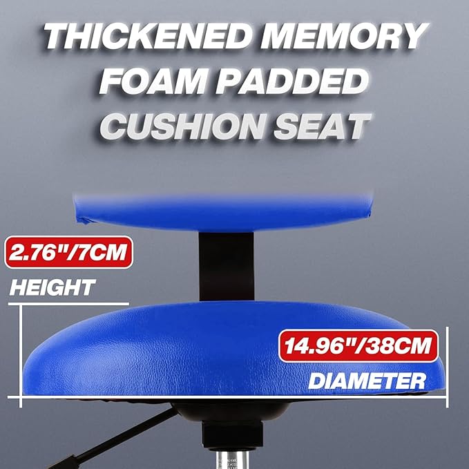 Shop Stool with Backrest, Mechanic Garage Stool for Workshop, Adjustable Shop Stools Chair, Padded Workbench Stools for Men Women, 300 LBS Capacity, 360° Swivel PVC Seat, Heavy Duty, Blue