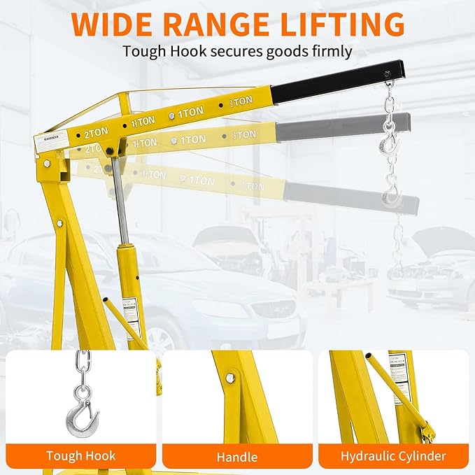 2-Ton Folding Engine Hoist Cherry Picker 4400 Lb Capacity Hydraulic Shop Crane with Telescoping Boom 6 Caster Wheels for Automotive Repair Garage Use Includes Hitch and Storage Stand Yellow