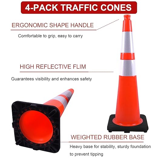 OrangeStar 36" Traffic Cones 4-Pack, Orange Safety Cones with 2 Reflective Collars, Weighted Base for Highway, Roadwork, Construction, Warehouse Safety, Parking Lots | Indoor & Outdoor Use