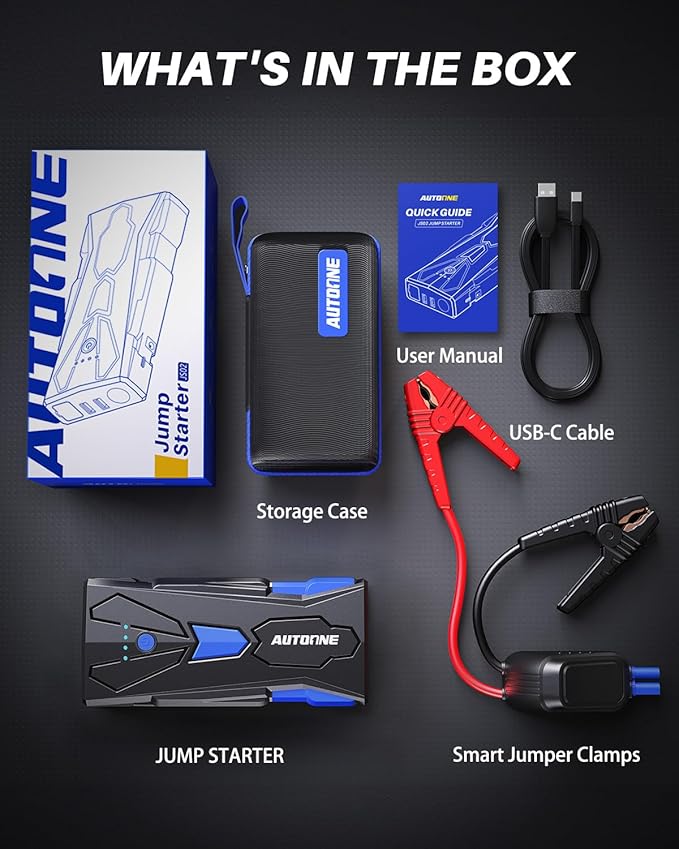 AUTOONE 6500A Car Battery Jump Starter Up to All Gas & 12L Diesel Engine, Car Battery Jumper Starter Portable 12V Jump Box with USB Output, Storage Case, LED Flashlight