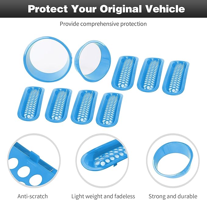 CheroCar for JK Mesh Grille Grill Insert & Headlight Cover Trim Exterior Accessories for Jeep Wrangler JK 2007-2018,Light Blue…