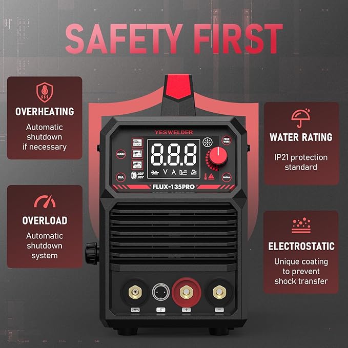 YESWELDER FLUX-135PRO Flux Core MIG Welder & Lift TIG Torch, 135Amp 110V Flux Core Gasless MIG/Lift TIG/Stick 3-in-1 Digital Display Welding Machine with 10-25 Lift TIG Gun