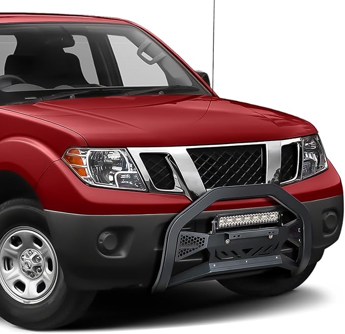 Bull Bar with LED Light Bar & License Plate Frame Compatible for 2005-2021 Nissan Frontier & 2005-2007 Pathfinder & 2005-2015 Xterra Front Grill Guard Grille, Truck Brush Guard, Bumper Push Bar