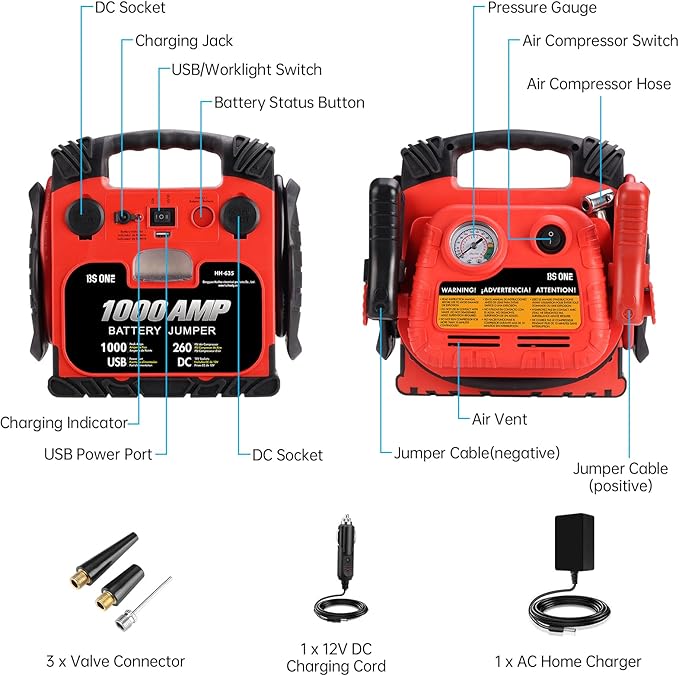 BS ONE 1000 Amp Peak Current Car Jump Stater, 12V Lead Acid Battey Jump Box with 260PSI Air Compressor, Jump Starter Battery Pack with Led Light & USB Output