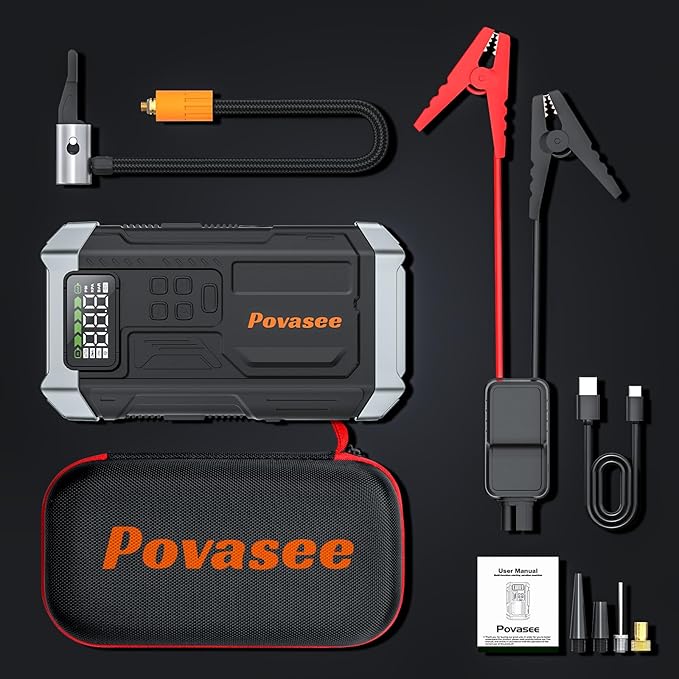 5000A Jump Starter with Air Compressor, Battery Jumper Starter car Battery Jump Starter povasee Portable Jump Starter (Up 9L Gas/8L Diesel Engine