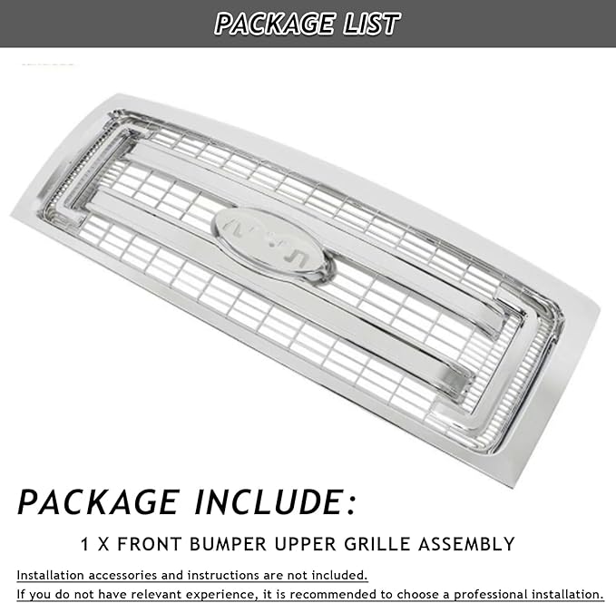 Front Bumper Grille Grill Fit For 2009-2014 Ford F150 F-150 XLT Style Front Hood Upper Grille Guard Cover Replacement For DL3Z8200DA/DL3Z8200CA (Chrome)