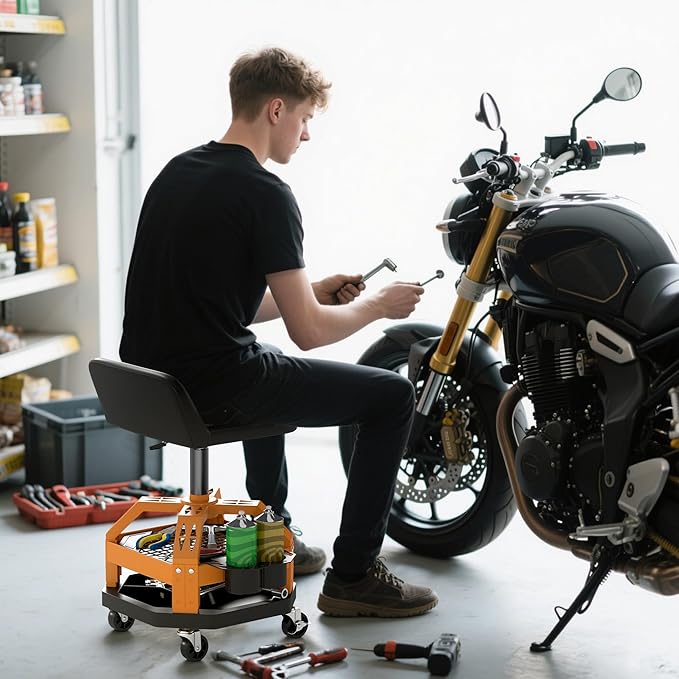HOMCOM Rolling Mechanic Stool, 300 LBS Capacity Pneumatic Creeper Garage Stool with 360° Wheels, Backrest, Heavy Duty Roller Seat Padded Shop Chair with Tool Tray Storage, Adjustable Height (Yellow)