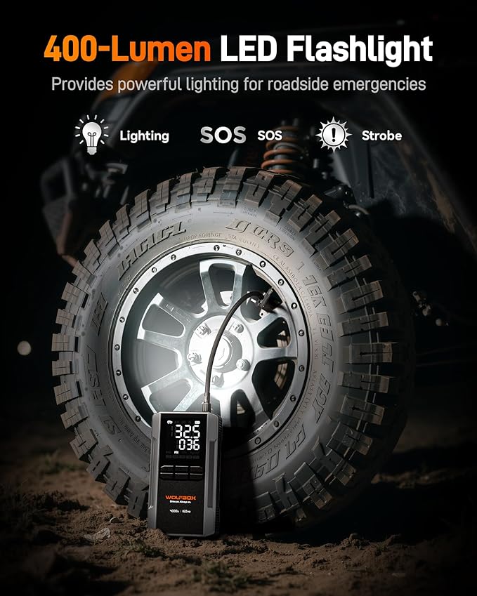WOLFBOX 4000A Jump Starter with 160PSI Air Compressor, 12V Car Battery Booster, 65W Fast Charge, 24000mAh Portable Tire Inflator, LED Display for 10L Gas & 10L Diesel Engines, LED Light, Jumper Cables